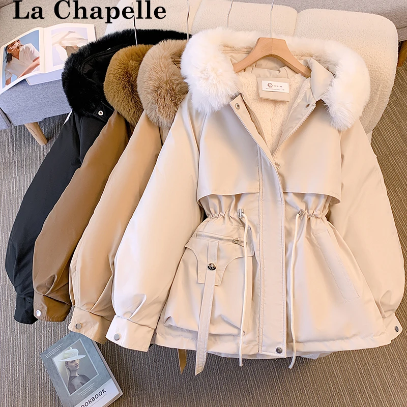 拉夏贝尔派克服女加绒加厚棉服2024年新款收腰显瘦保暖大毛领外套