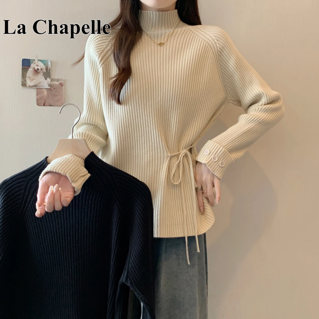 拉夏贝尔半高领插肩袖针织衫毛衣女冬大码胖mm内搭打底衫收腰上衣