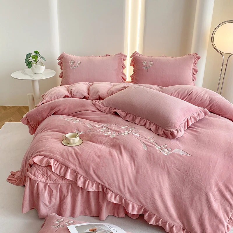 【高端床品】冬季牛奶绒床盖款四件套绣花双面绒加厚夹棉保暖床品