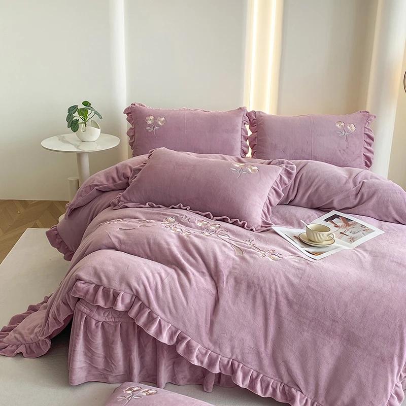 【高端床品】冬季牛奶绒床盖款四件套绣花双面绒加厚夹棉保暖床品