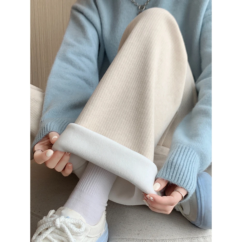 阔腿裤女秋冬加绒裤子2024新款高腰宽松垂感加厚针织休闲直筒