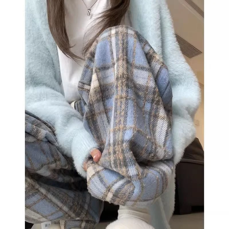 蓝色毛呢格子裤子女秋冬2023新款高腰垂感休闲拖地复古加绒阔腿裤