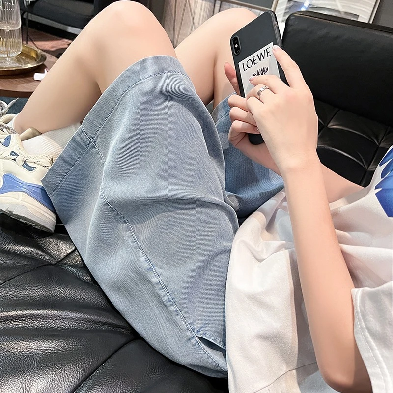 天丝牛仔短裤女夏季薄款2023新款高腰垂感五分裤百搭显瘦阔腿裤子