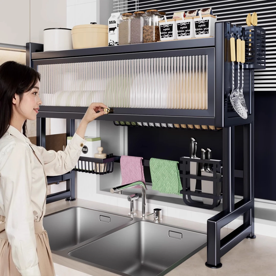 家用厨房水槽置物架碗盘收纳架多功能密封碗柜碗碟架池上沥水架子