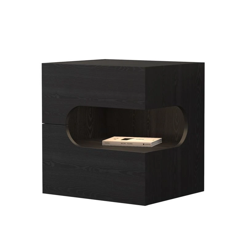 意式轻奢极简实木床头柜带灯卧室储物柜床头边柜黑色胡桃色可定制