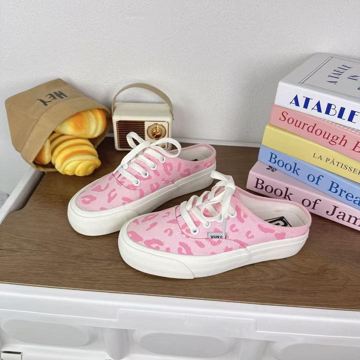 1027粉豹纹新款低帮帆布鞋女韩版豹纹个性半托潮时尚休闲鞋