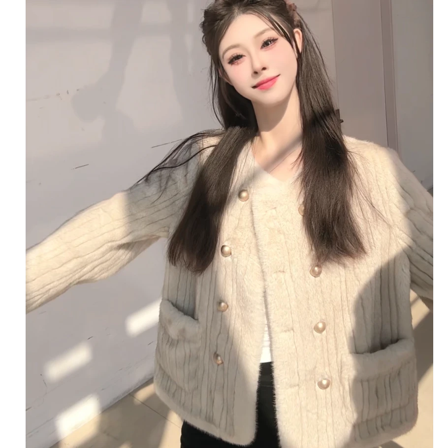 新款小香风短外套皮毛一体网红气质法式短款毛毛外套百搭秋冬冬季