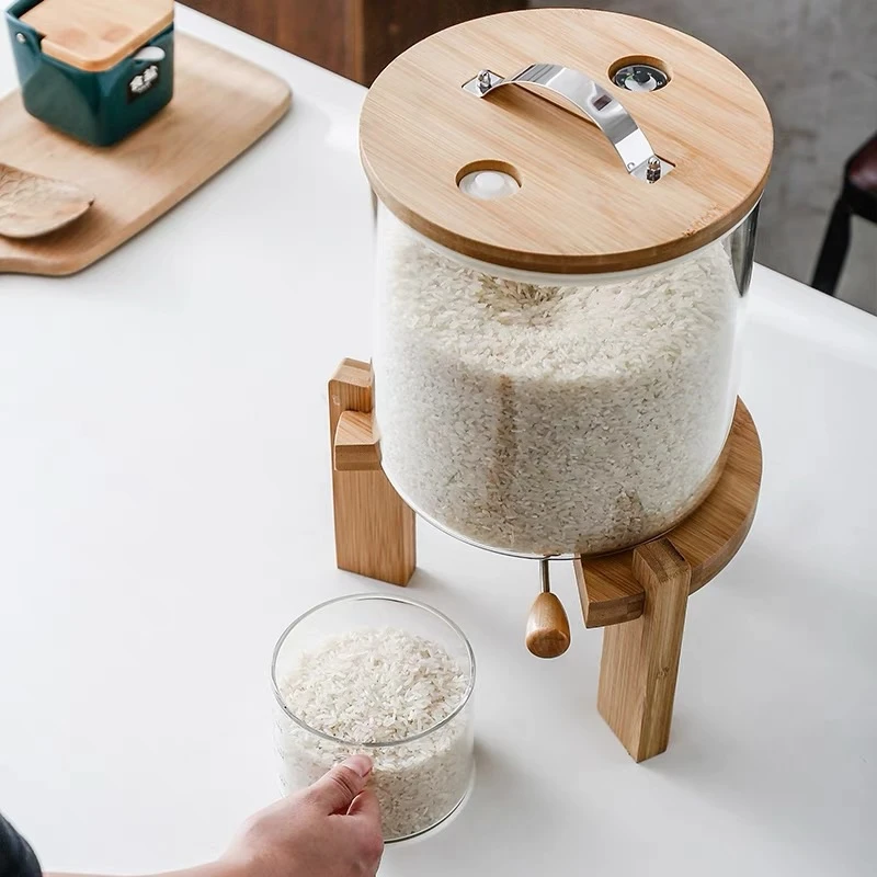 明尚德米桶带把手控制高硼硅玻璃木架带量杯家用大容量密封大号8L