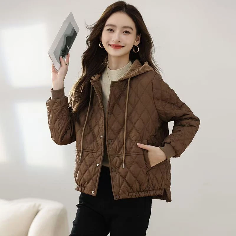 短款轻薄夹棉外套女2024冬季新款时尚连帽小个子棉服轻薄气质棉衣