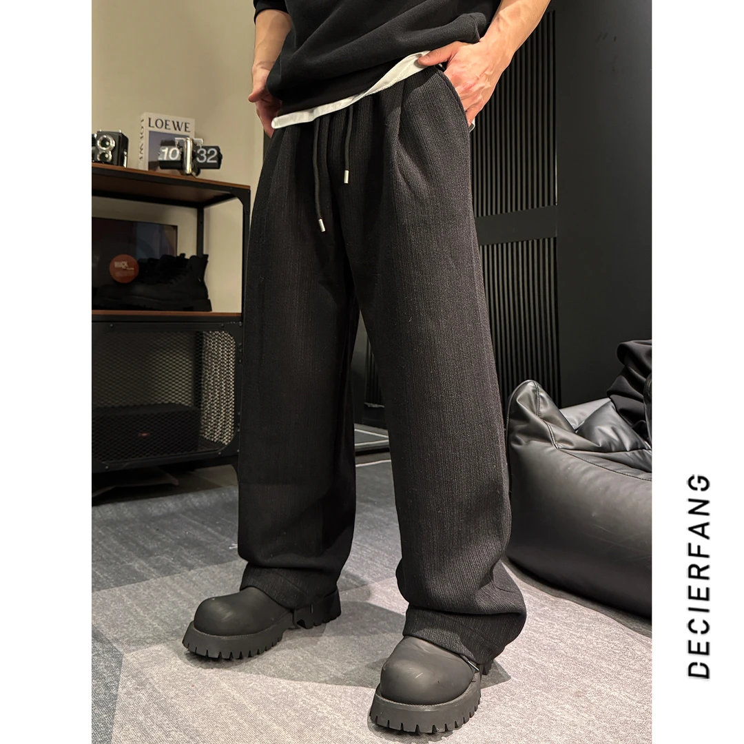 条纹男士加绒加厚2024秋冬新款休闲百搭直筒阔腿弯刀潮流垂感长裤