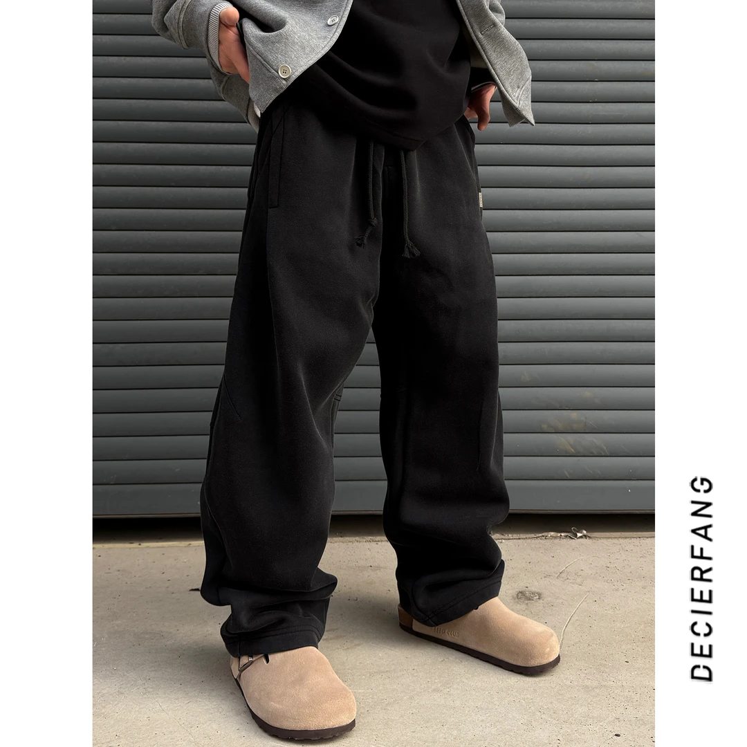 美式潮牌纯色松紧腰休闲长裤秋冬重磅显高显腿长水洗褶皱弯刀卫裤