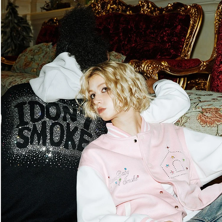 【满天星背杀】DONSMOKE美式街头古堡重工烫钻镂空拼接棒球服外套