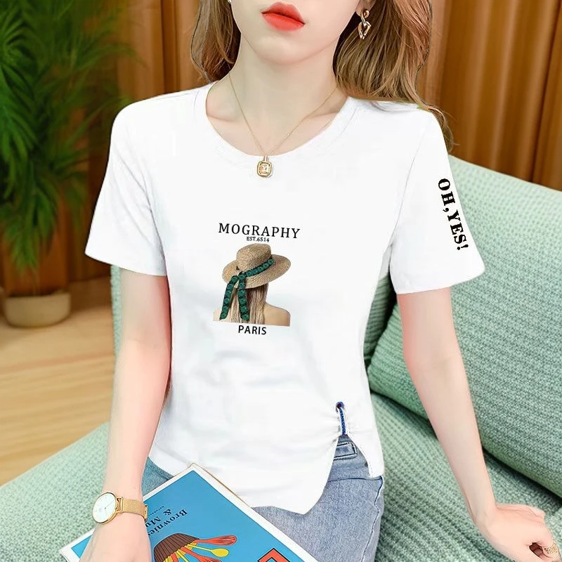 女夏新款100%纯棉短袖t恤修身显瘦百搭圆领不规则印花开叉设计体
