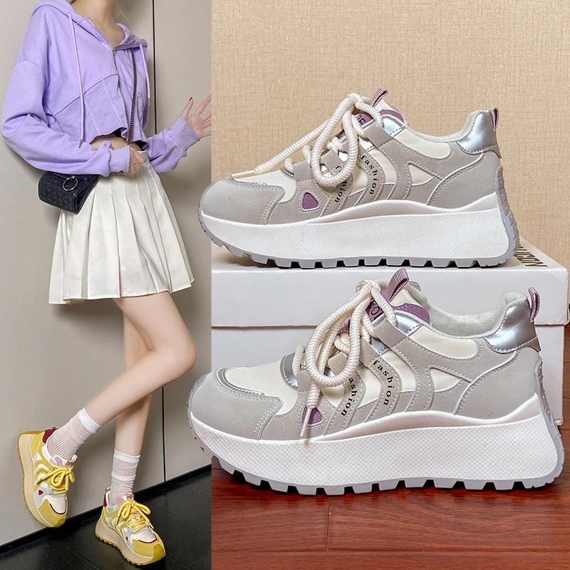 阿甘运动鞋女2024新款春秋网面透气休闲拼色小个子增高厚底老爹鞋