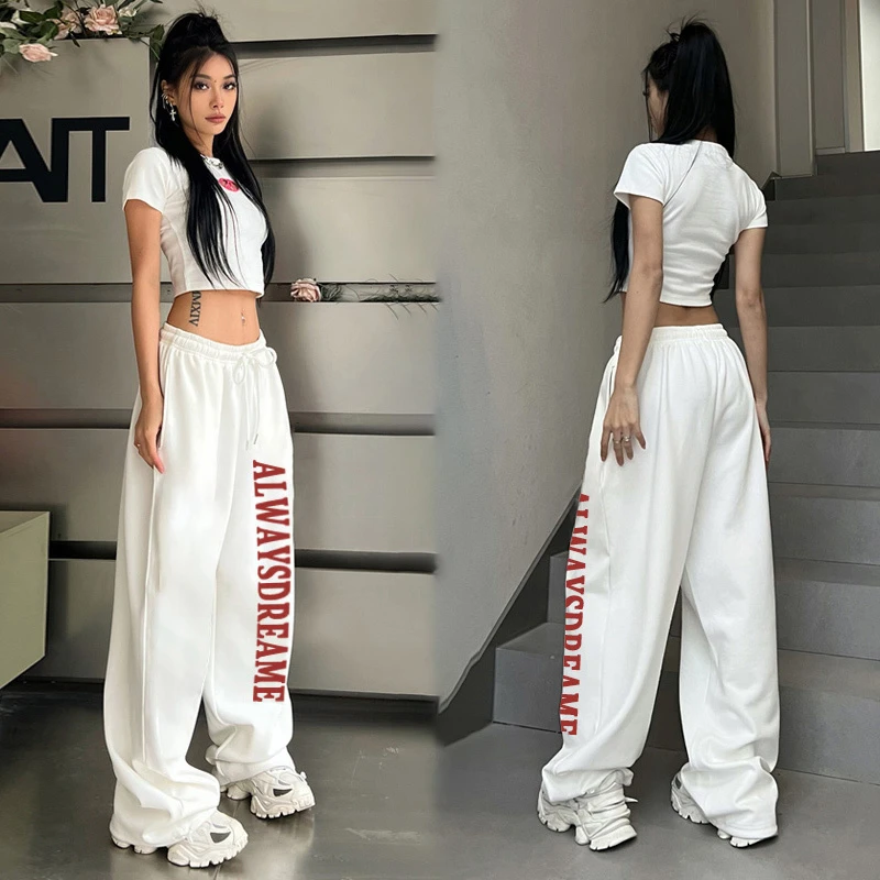 美式爵士舞裤子女高腰宽松直筒抽绳束脚休闲裤街舞嘻哈运动白色潮