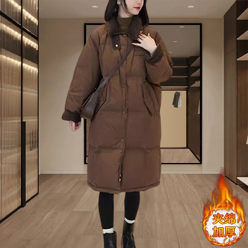 中长款棉服女冬季2024新款韩版休闲宽松加厚保暖百搭洋气棉衣外套