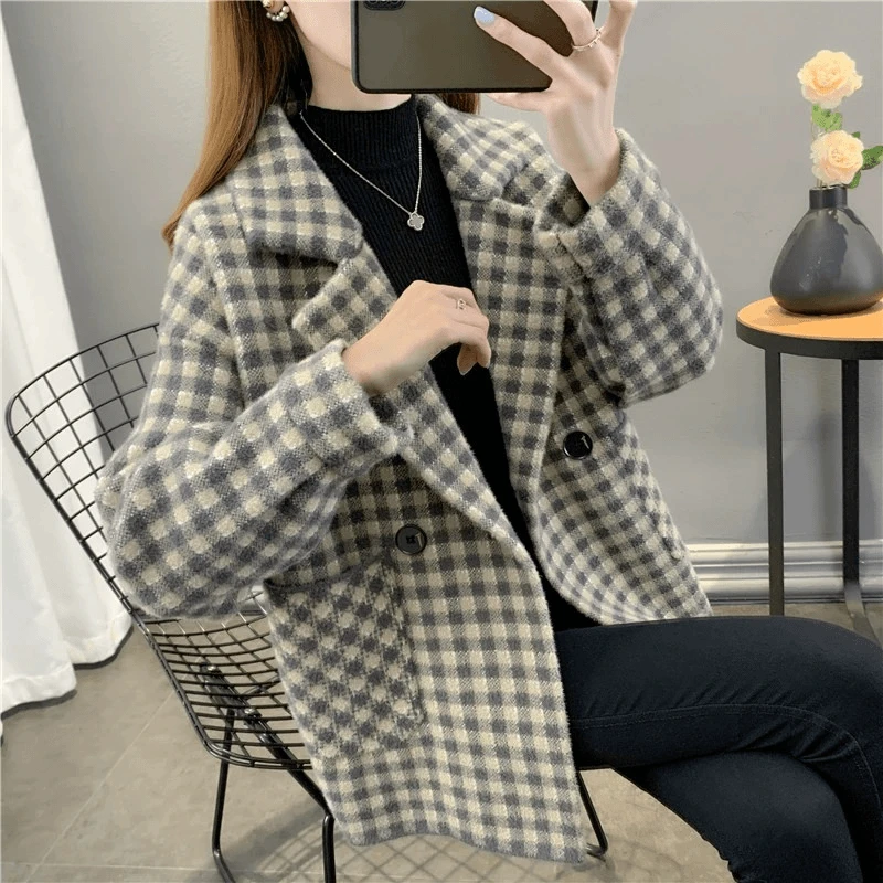 秋冬双面绒西装领外套女格子韩版宽松时尚针织小个子显瘦开衫厚款