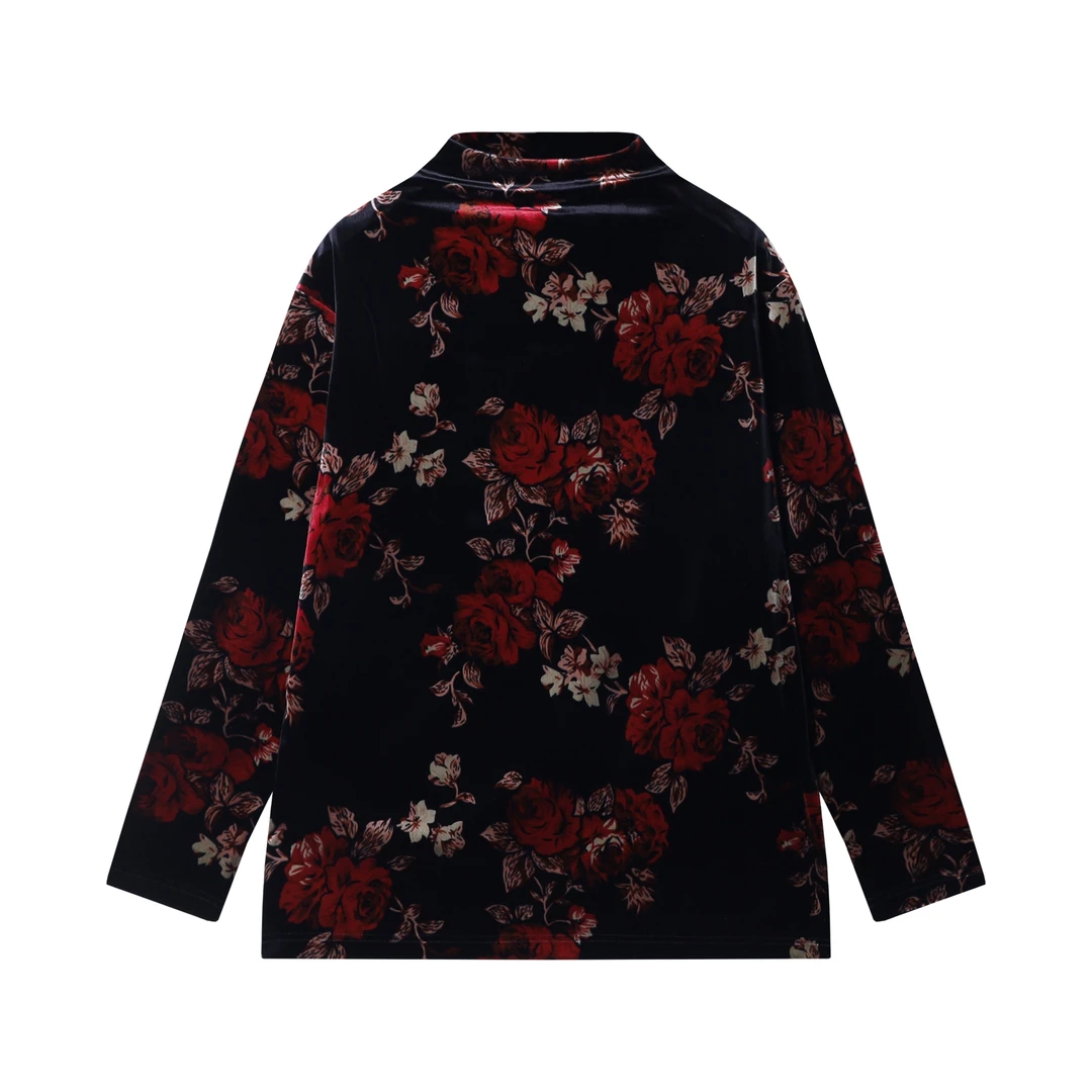 秋冬季新款时尚个性绒面撞色花纹半高领长袖T恤