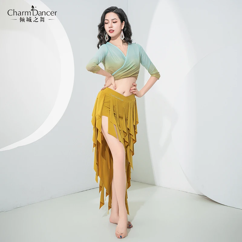 倾城之舞肚皮舞服2023新款练功服渐变绑带上衣三角吊片流苏裙套装