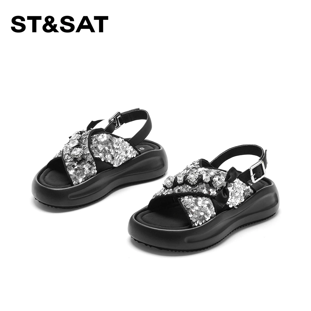 St&Sat/星期六时尚百搭露趾凉鞋2025新款亮片厚底拖鞋女士小香风