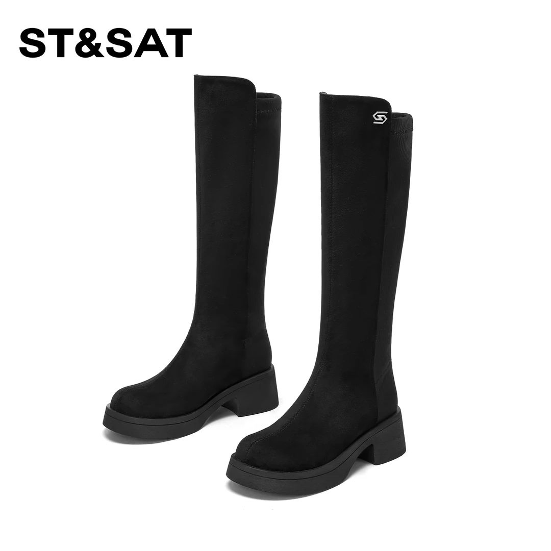St&Sat/星期六百搭气质时尚长筒靴2025新款潮流厚底时装靴女粗跟