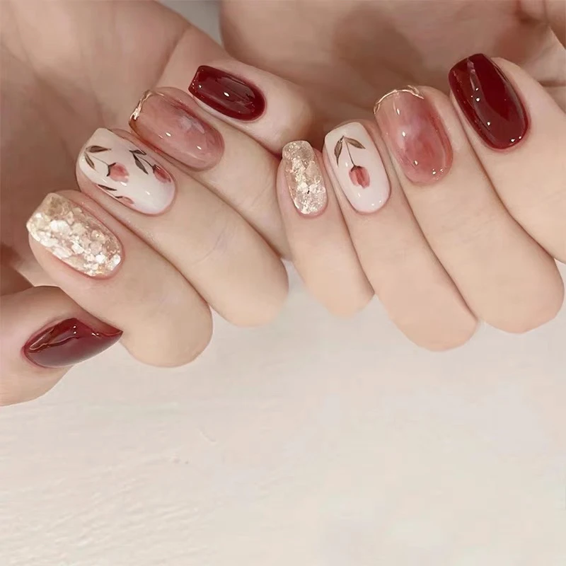 新款午夜玫瑰手工定制穿戴甲高级感显白油画婚甲美甲成品假指甲片