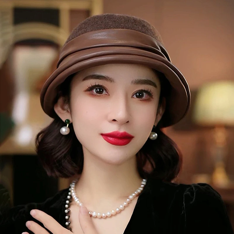 皮质美拉德小礼帽女2023秋冬新款高级防风保暖显脸小帽子PT0715