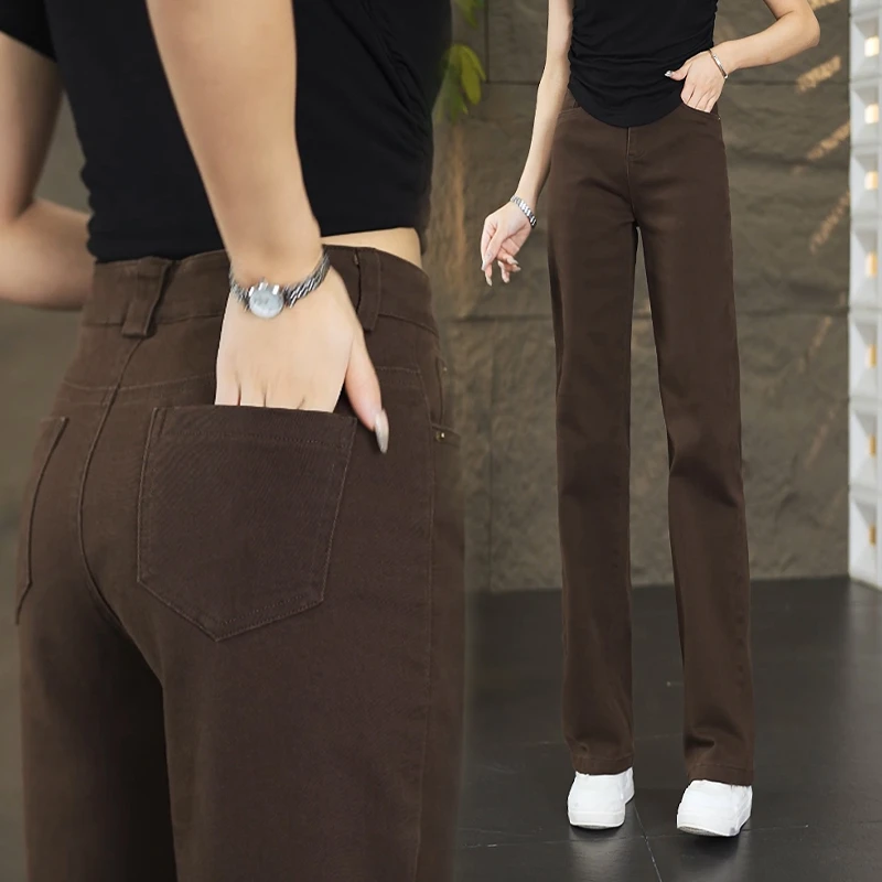 23757咖色牛仔直筒裤女2025春秋新款显瘦休闲加厚加绒窄版阔腿裤