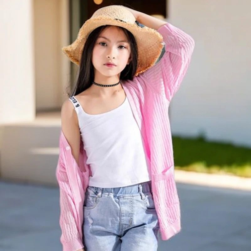 透气针织开衫女童夏季薄款防晒衣纯色带口袋v领中长款上衣防晒服