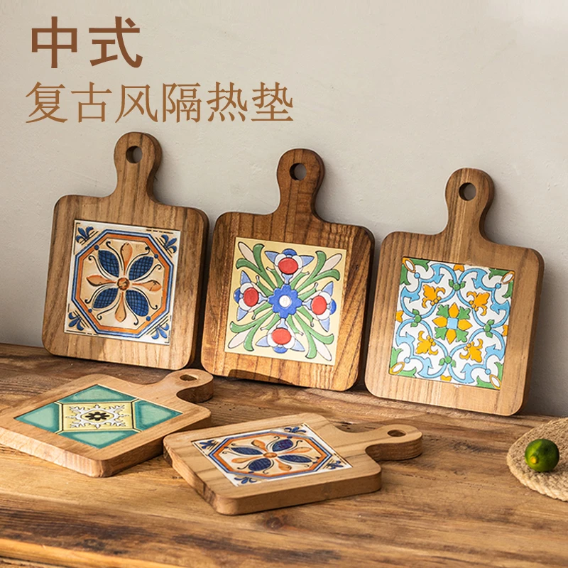 杯垫茶托隔热垫木质复古花砖纹防烫垫厨房家用砂锅汤锅耐高温餐垫