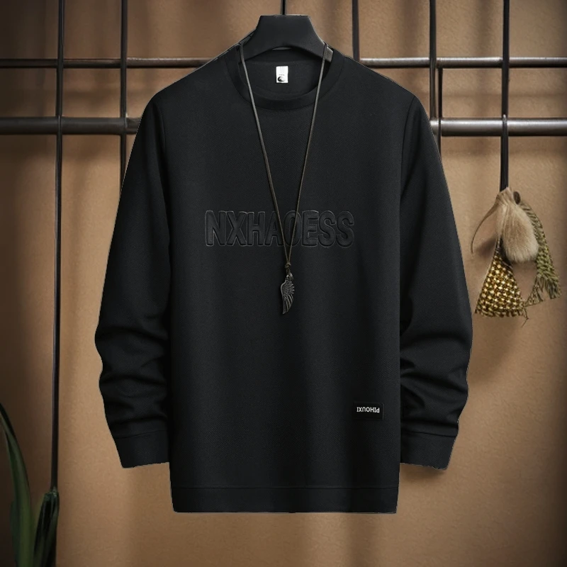 男生潮牌字母钢印长袖圆领上衣服重磅潮流春秋季新款无帽卫衣男士