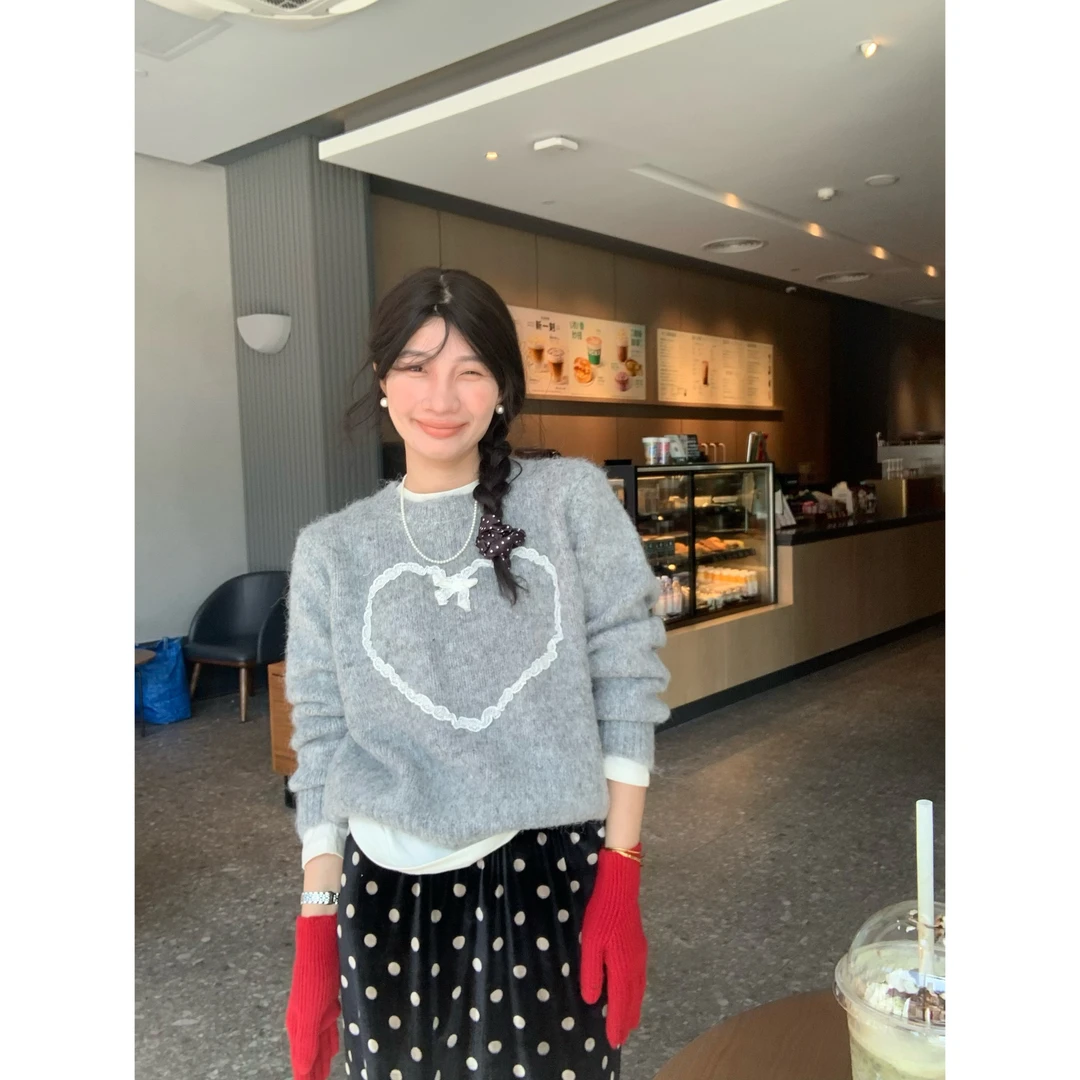 【欧尼专享】6876#韩版蝴蝶结蕾丝圆领爱心针织慵懒毛衣宽松针织衫