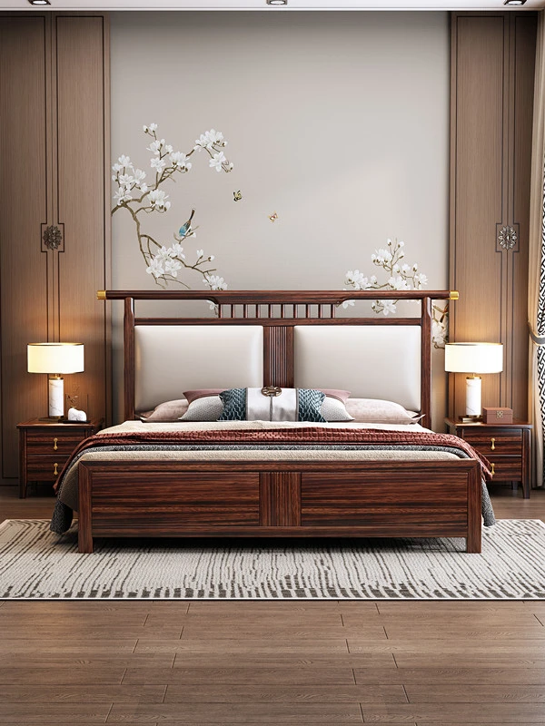 2302#新中式乌金木全实木床1.8米双人主卧婚床高箱可储物大床