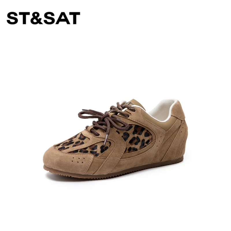 St&Sat/星期六时尚百搭棕色经典低帮豹纹做旧系带德训鞋