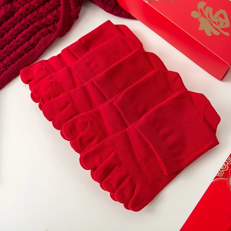 五指袜女士红色中筒袜中国红净版喜庆年袜高针高密度本命年属龙