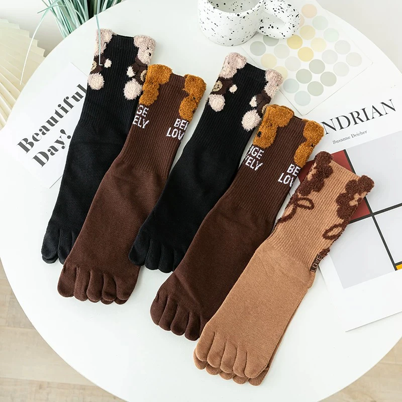 时尚高筒五指袜女立体花朵小熊设计网红爆款