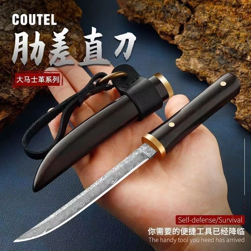 肋差便携削皮刀网红大马士革收藏刀户外刀