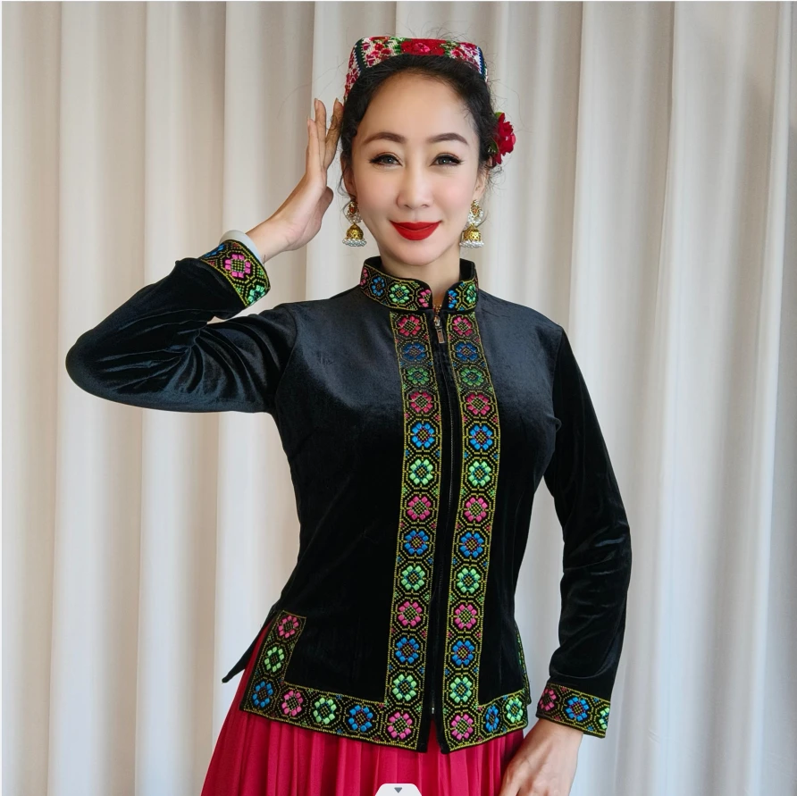 新疆舞女士外套民族风百搭长袖上衣秋冬立领修身长马甲广场舞服装