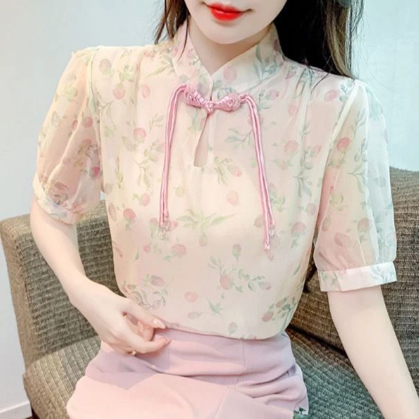 盘扣衬衫女短袖夏季新款洋气质遮肚子显瘦碎花上衣