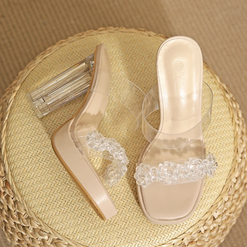 防水台高跟凉鞋女夏2025新款透明水晶粗跟厚底一字带露趾凉拖鞋女
