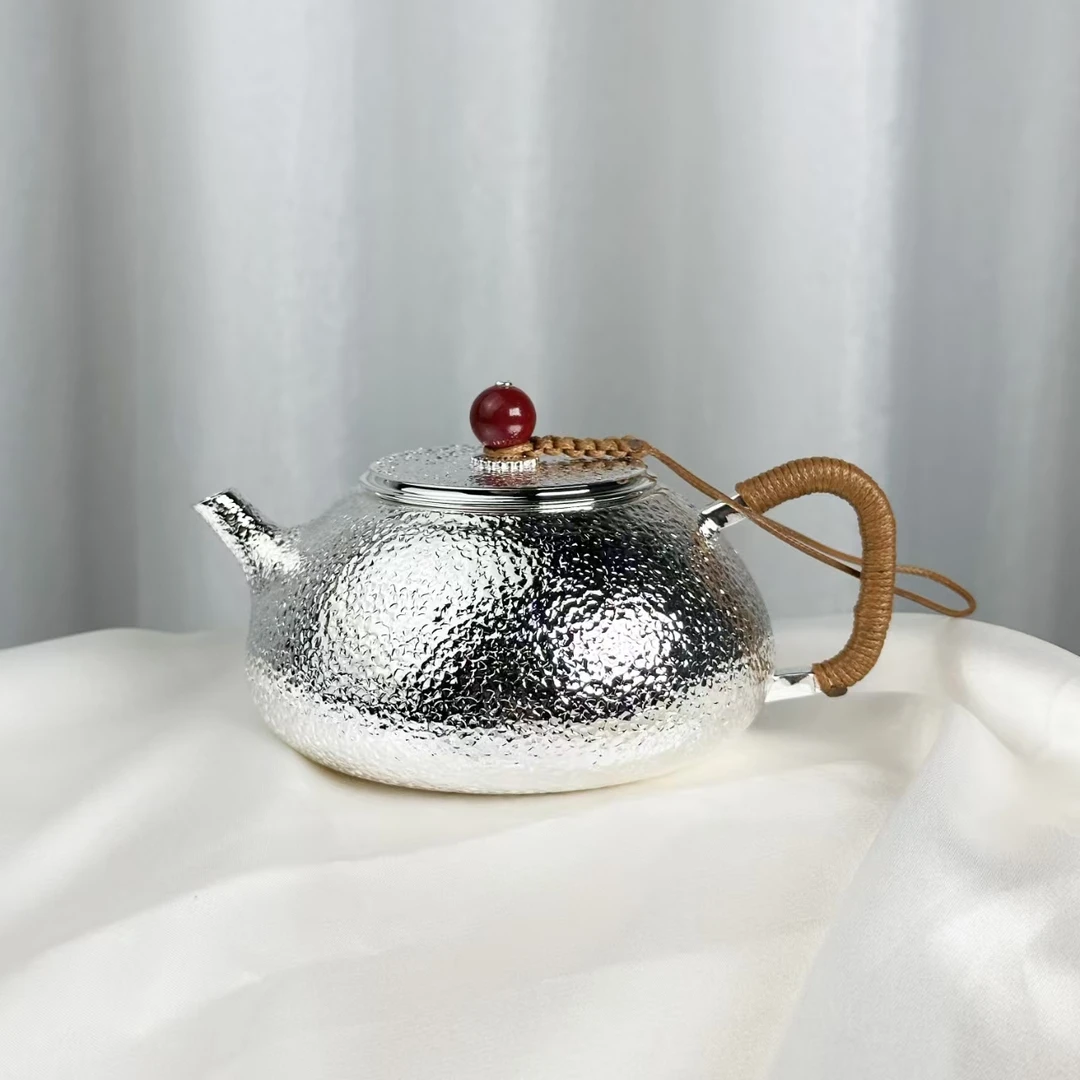 新品-手工锤纹石瓢壶家用泡茶银壶
