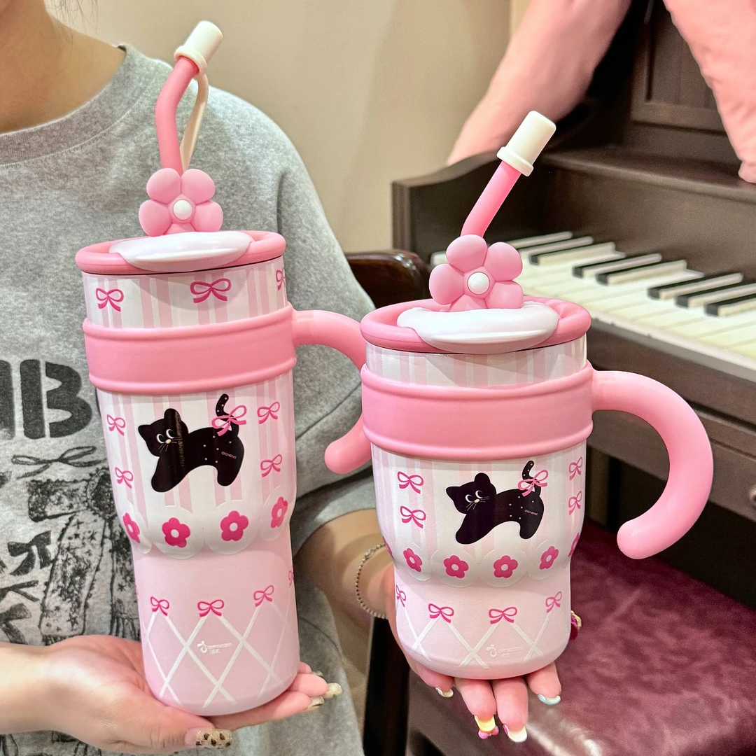 小猫保温杯可爱高颜值2025新款女便携杯子学生上学吸管水杯大容量