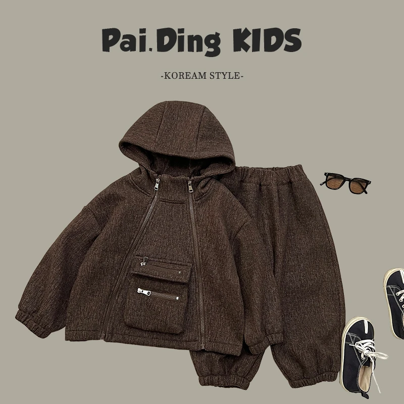 冬装儿童韩版时尚复古口袋休闲宽松加绒连帽套装HCXZ3560-QHH