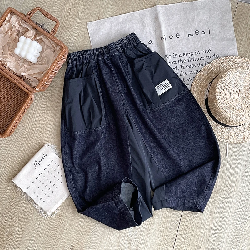 【迪哥】儿童日系潮流牛仔拼接宽松百搭个性裤子HCXZ3088