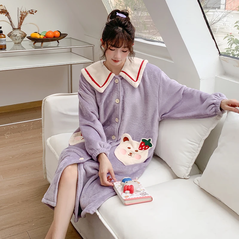 冬季珊瑚绒睡袍女2024年冬款新款甜美可爱公主风法兰绒睡裙家居服