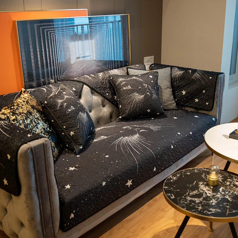 北欧卡通猫咪沙发垫深色百搭简约短毛绒坐垫秋冬防滑沙发巾盖套罩