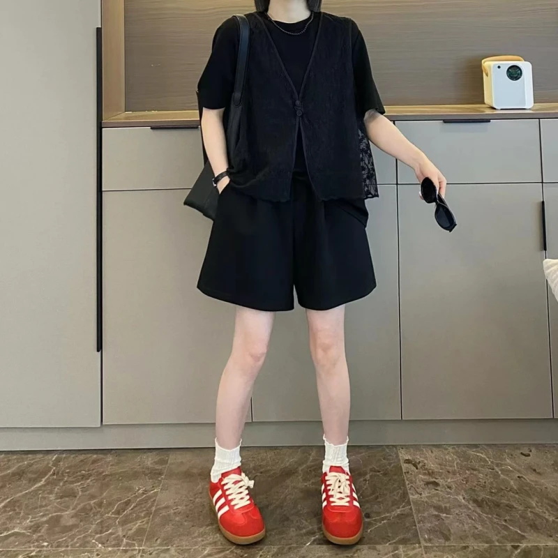 新中式马甲假两件休闲短裤两件套2025秋新款大码胖MM时尚套装潮