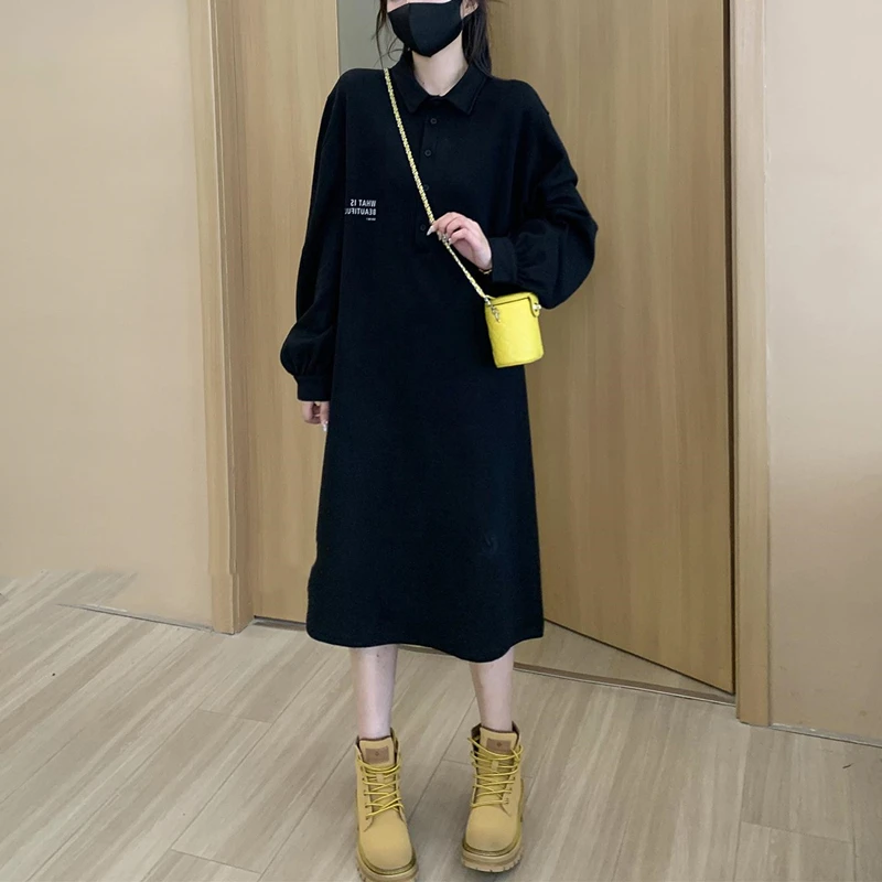 休闲polo领长袖连衣裙女早秋2025新款大码微胖mm显瘦宽松欧货裙子