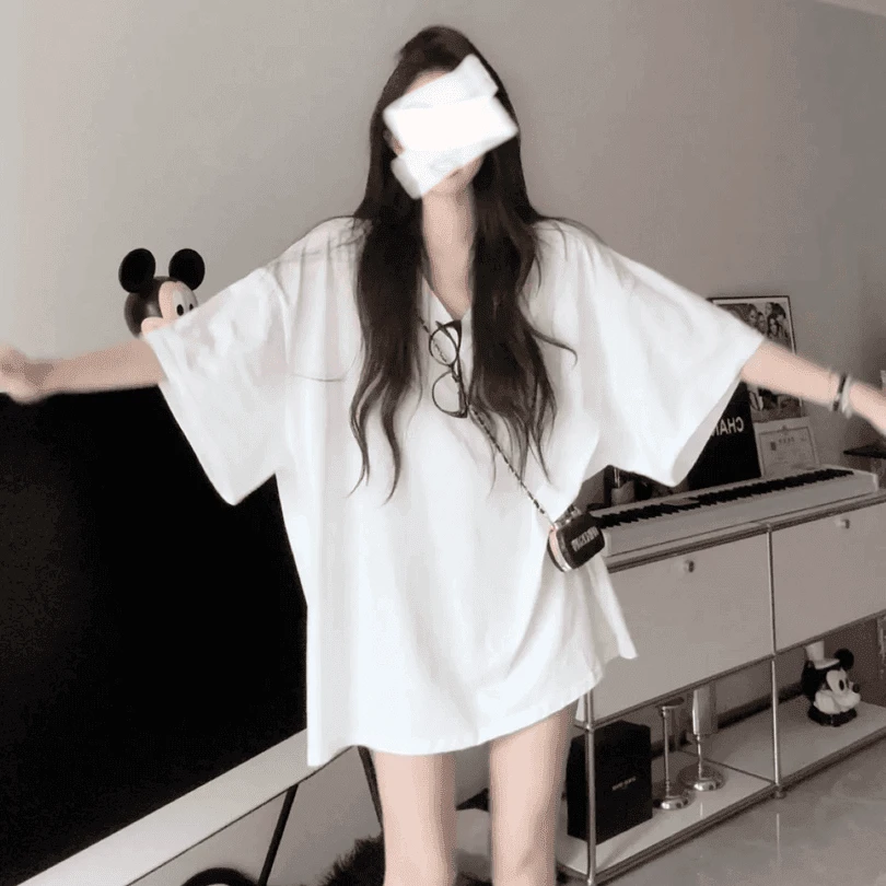 纯棉网红中长款v领短袖T恤裙女夏季韩版纯色慵懒风休闲百搭上衣
