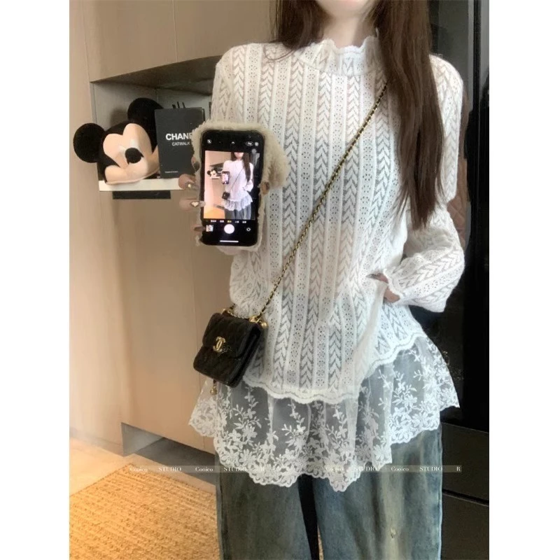 白色半高领蕾丝长袖T恤女2026秋季新款时尚设计感中长款内搭上衣